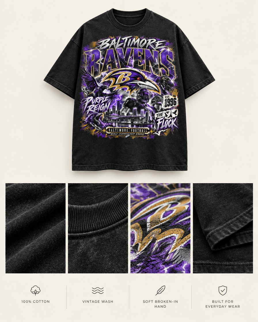 RAVENS 96 FLOCK TEE 100% cotton vintage wash fabric and construction details