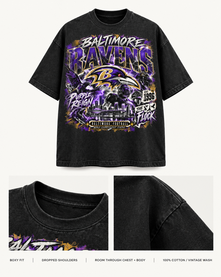 RAVENS 96 FLOCK TEE boxy fit dropped shoulder and feel details