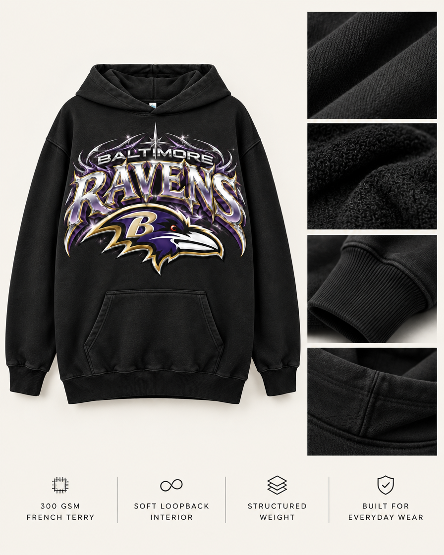 Ravens Chrome Surge Hoodie 300 GSM French terry fabric and construction details