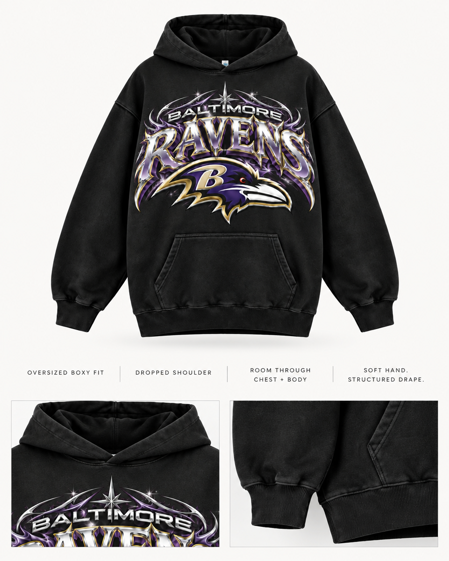 Ravens Chrome Surge Hoodie oversized boxy fit and feel details