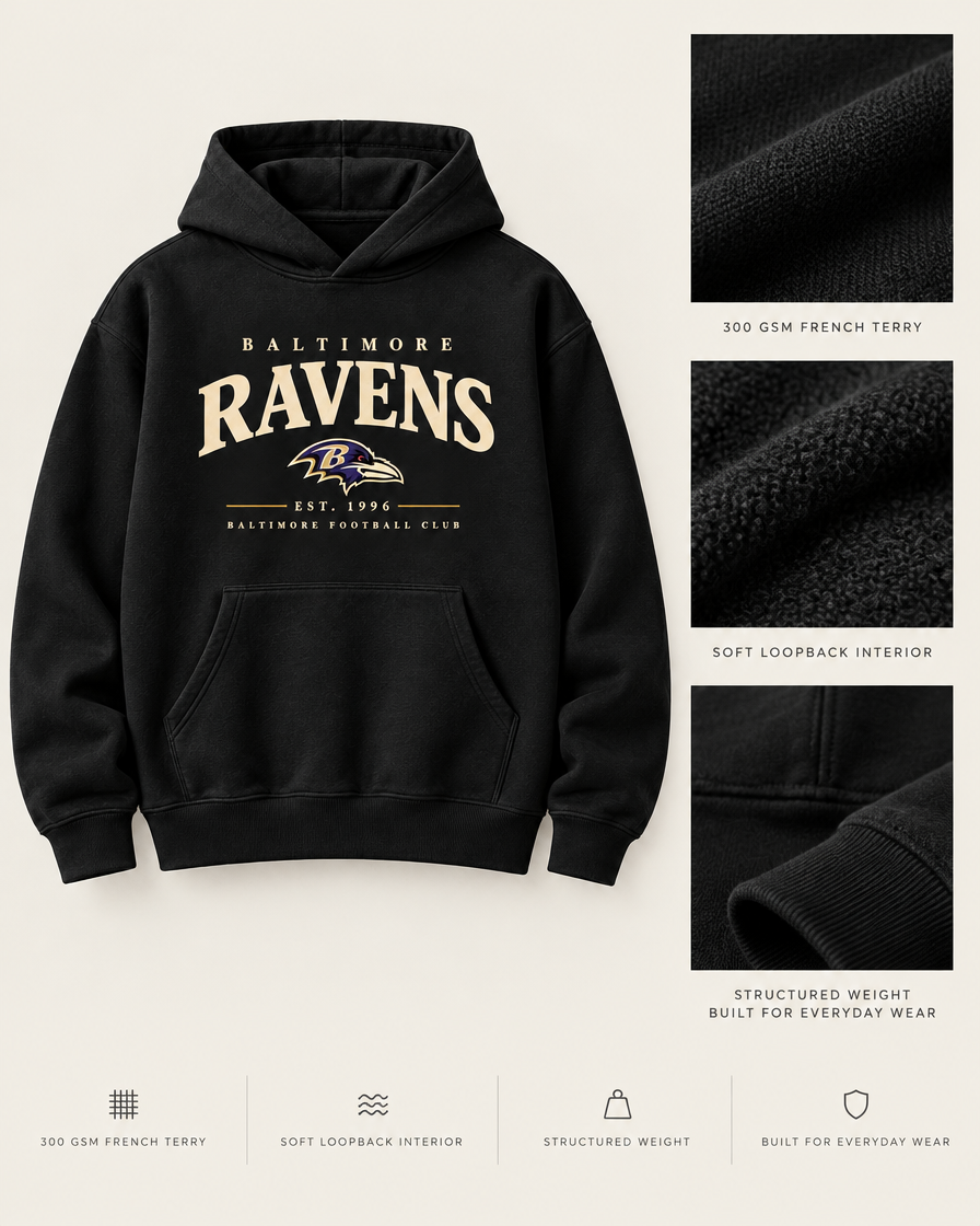 Ravens Classic Club Hoodie 300 GSM French terry fabric and construction details