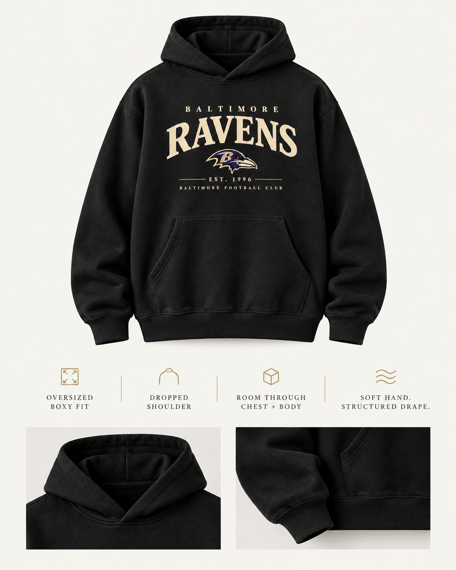 Ravens Classic Club Hoodie oversized boxy fit and feel details