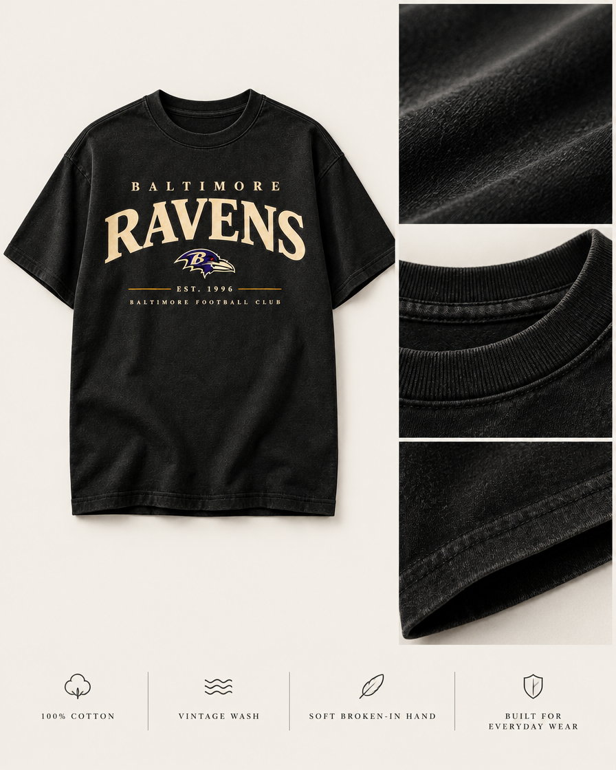 RAVENS CLASSIC CLUB TEE 100% cotton vintage wash fabric and construction details