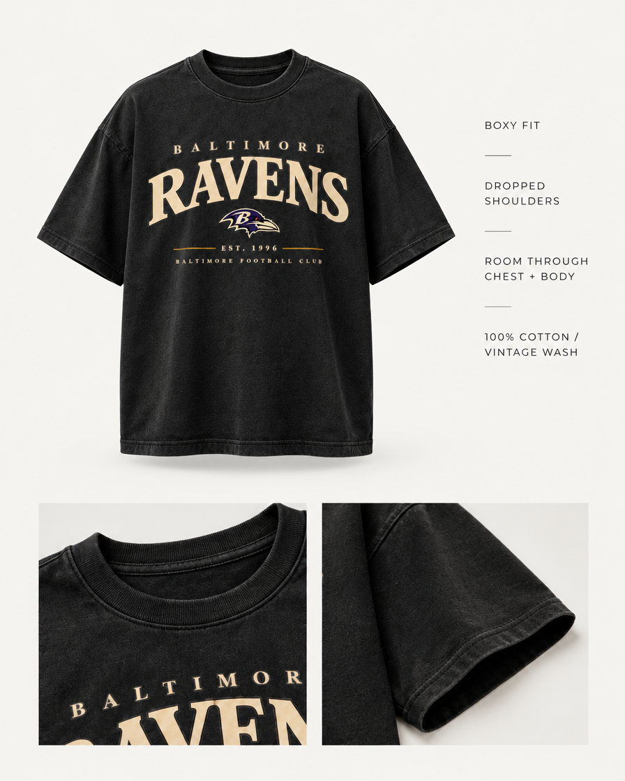RAVENS CLASSIC CLUB TEE boxy fit dropped shoulder and feel details