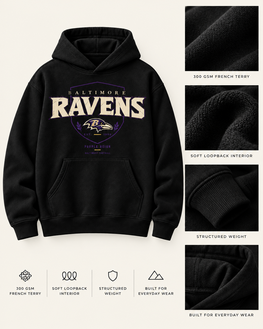 Ravens Purple Reign Shield Hoodie 300 GSM French terry fabric and construction details