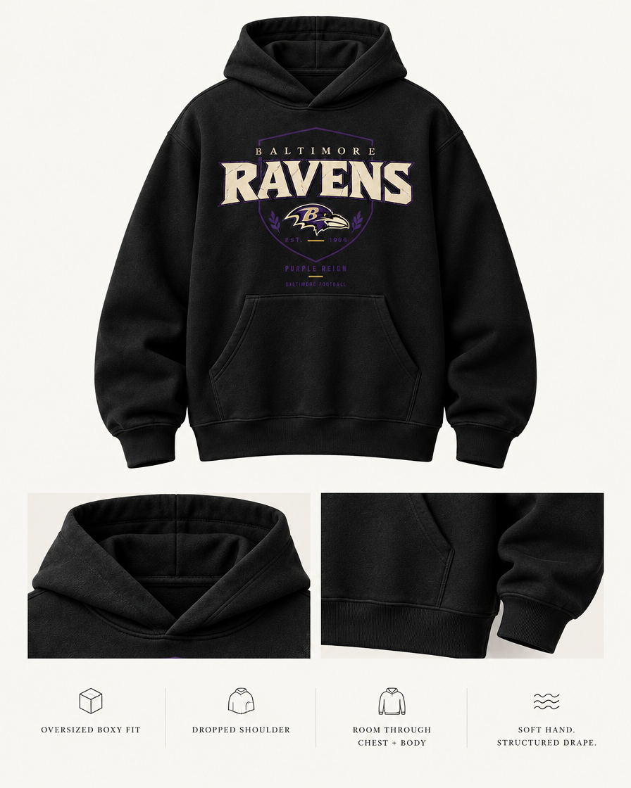 Ravens Purple Reign Shield Hoodie oversized boxy fit and feel details