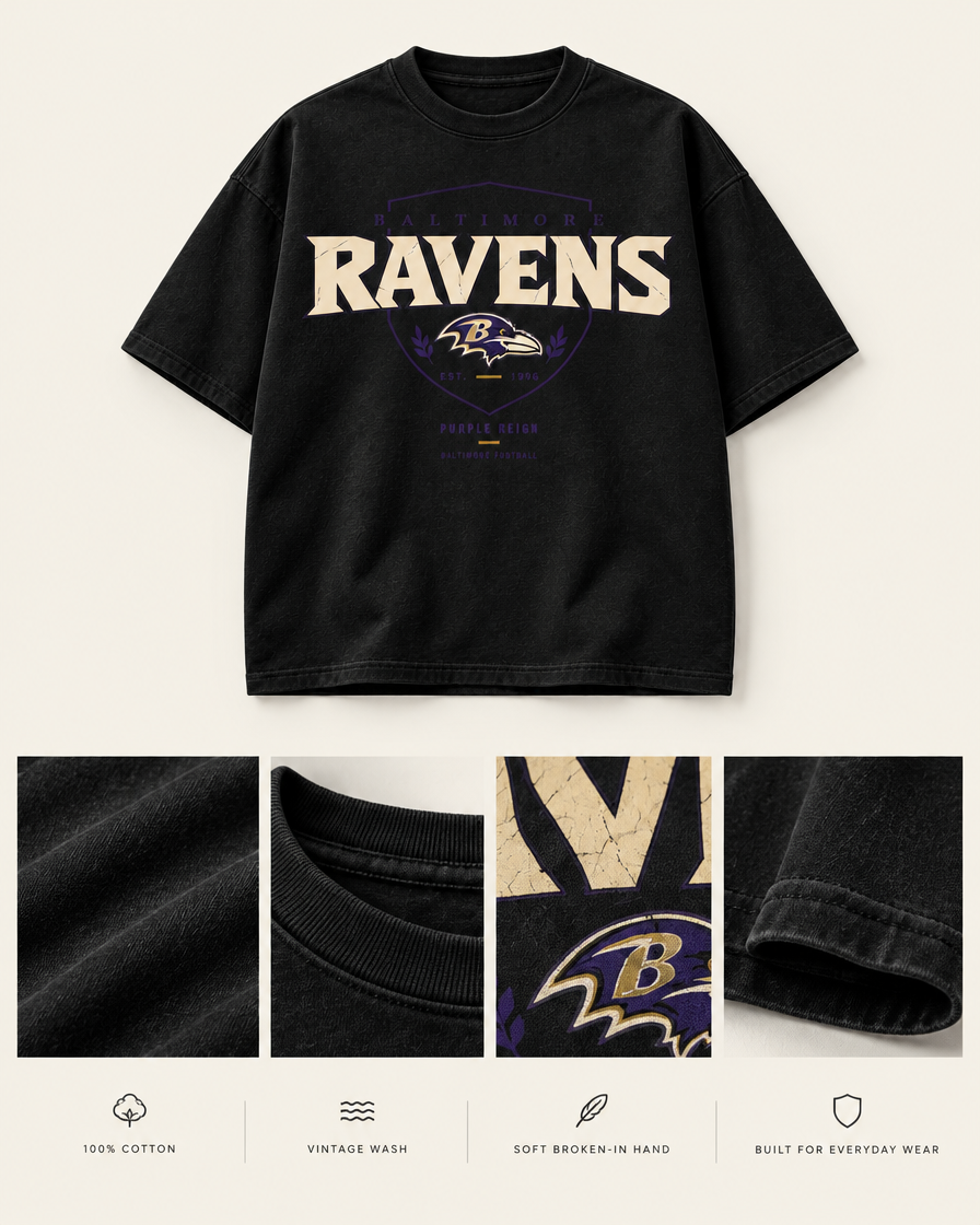 RAVENS PURPLE REIGN SHIELD TEE 100% cotton vintage wash fabric and construction details
