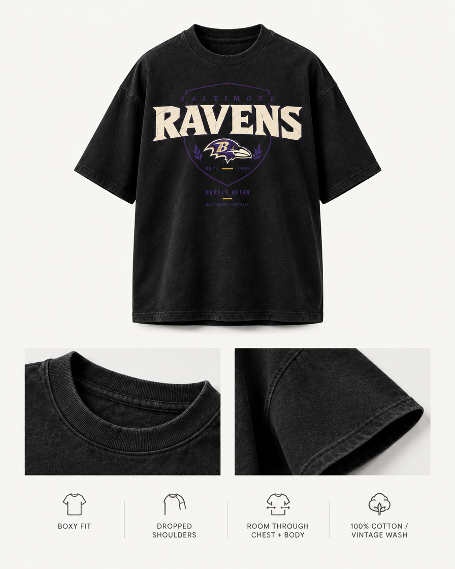 RAVENS PURPLE REIGN SHIELD TEE boxy fit dropped shoulder and feel details