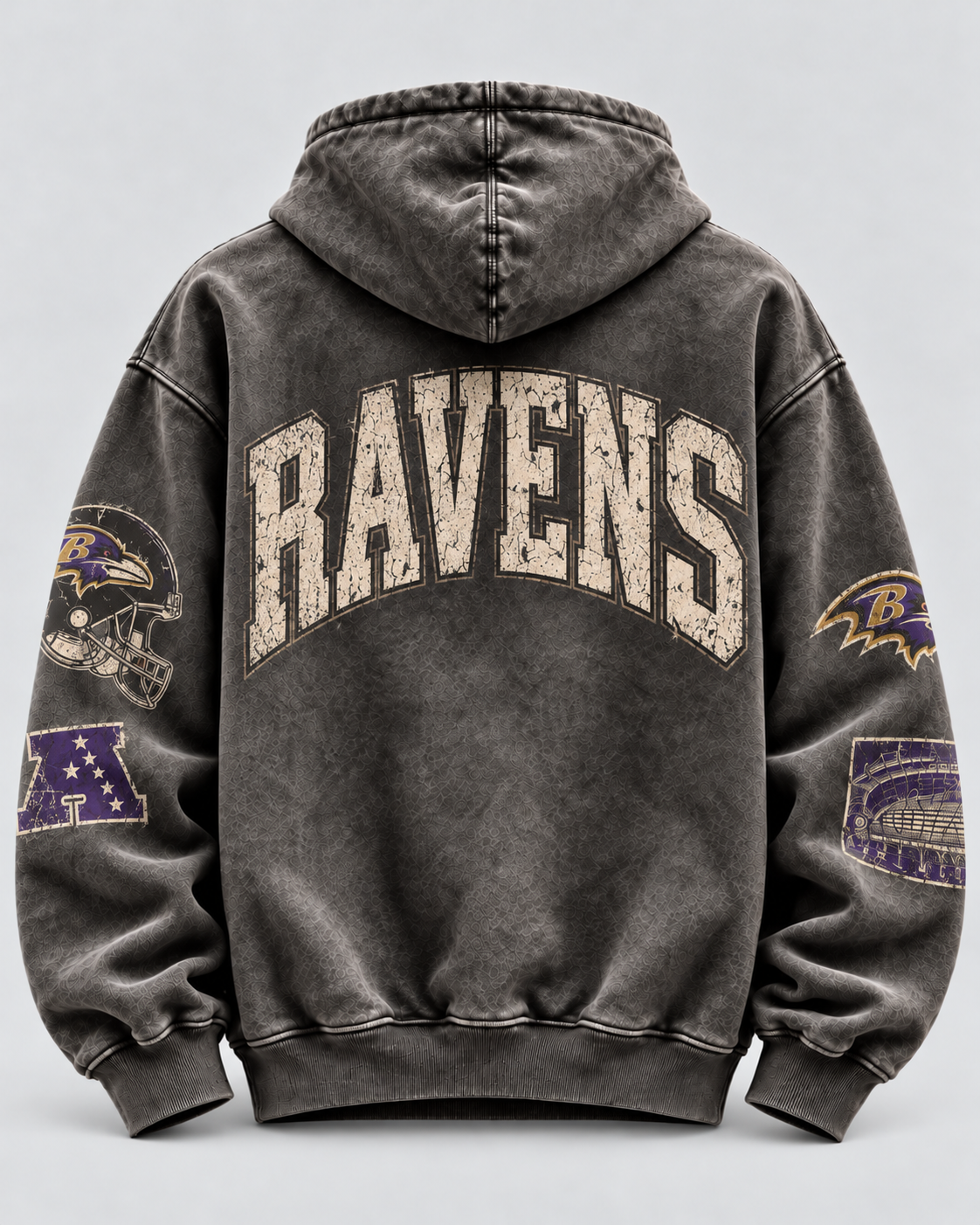 Ravens Stadium Archive Hoodie — back, vintage charcoal with large arched distressed RAVENS graphic and purple sleeve artwork