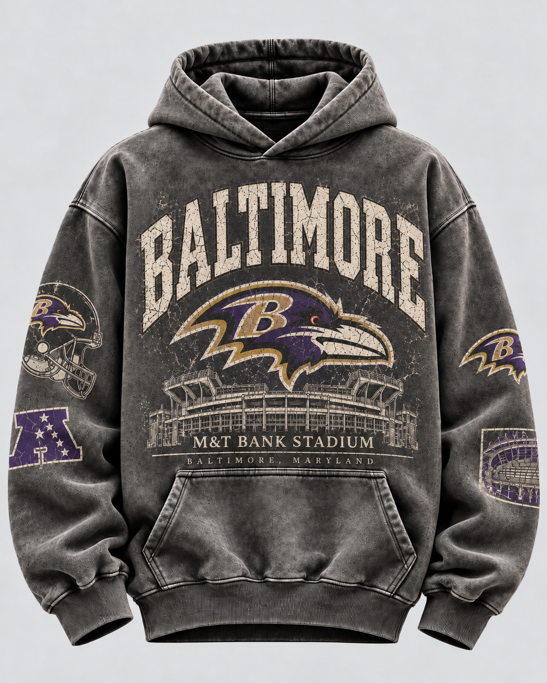 Ravens Stadium Archive Hoodie — front, vintage charcoal with Baltimore Raven logo, large varsity lettering and M&T Bank Stadium graphic