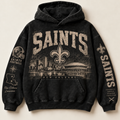 Saints Archive Crest washed black hoodie front with distressed cream New Orleans graphics