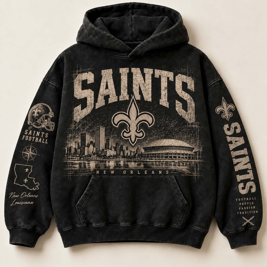 Saints Archive Crest washed black hoodie front with distressed cream New Orleans graphics