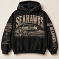 Seahawks Archive Crest washed black hoodie front with distressed cream Seattle graphics