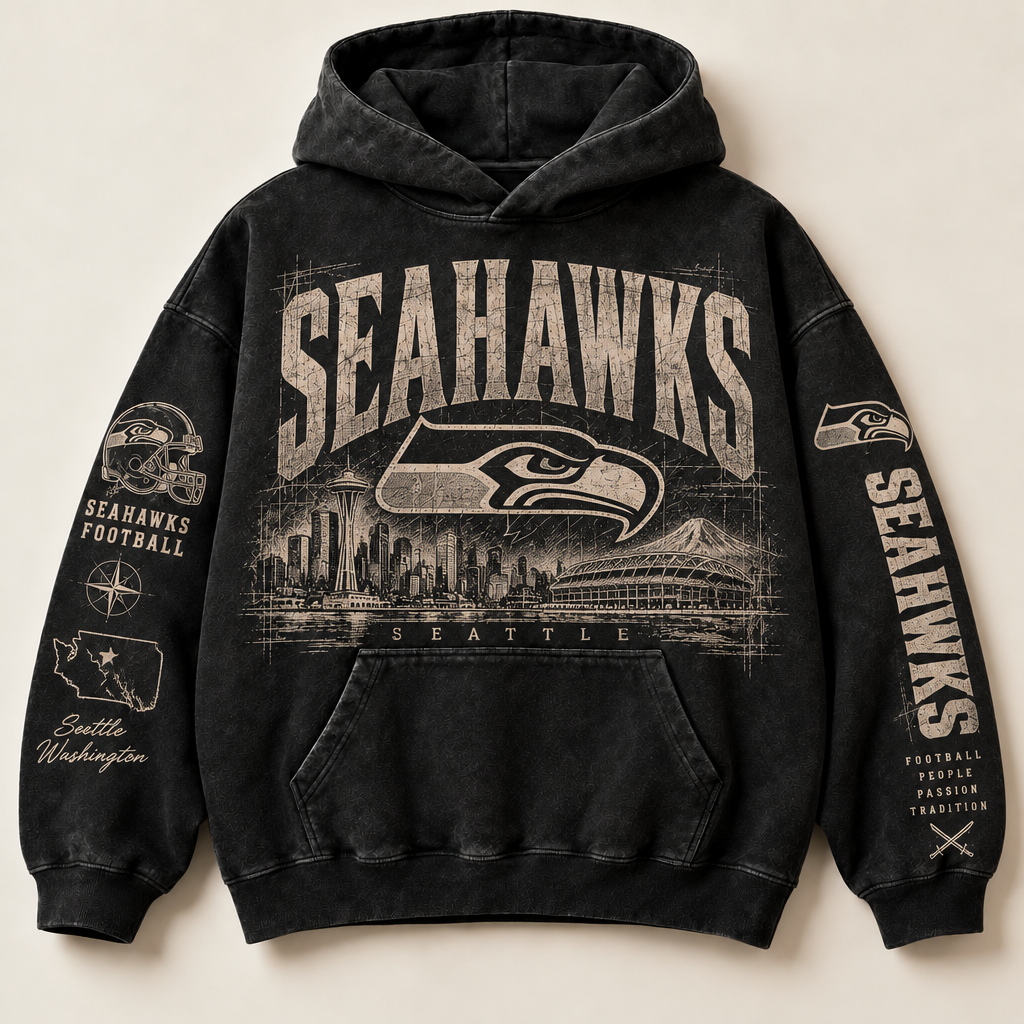 Seahawks Archive Crest washed black hoodie front with distressed cream Seattle graphics