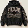 Steelers Archive Crest washed black hoodie front with distressed cream Pittsburgh graphics