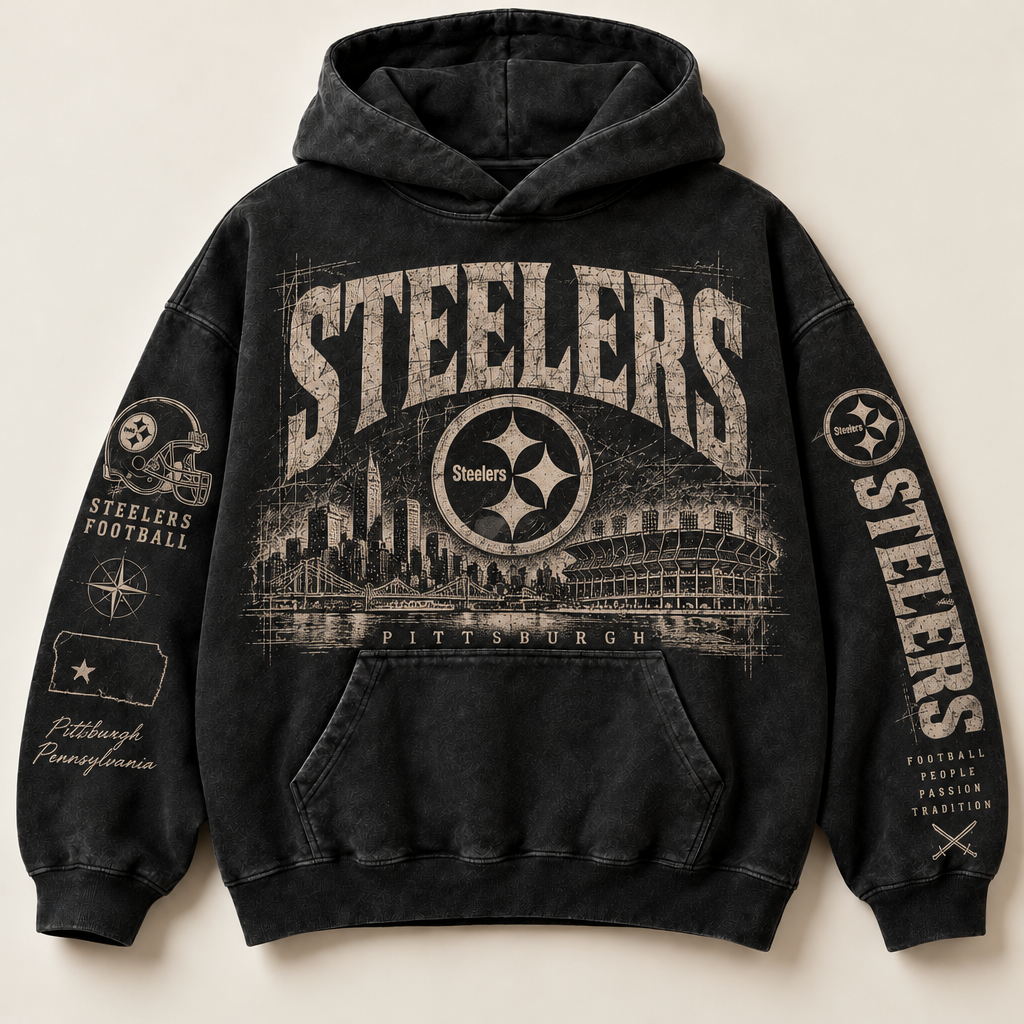Steelers Archive Crest washed black hoodie front with distressed cream Pittsburgh graphics