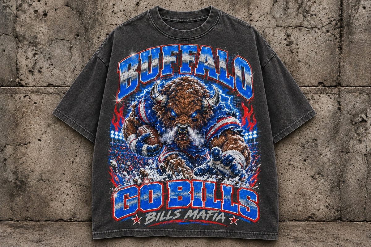 Buffalo Snow Stampede Tee front, dark grey retro dye