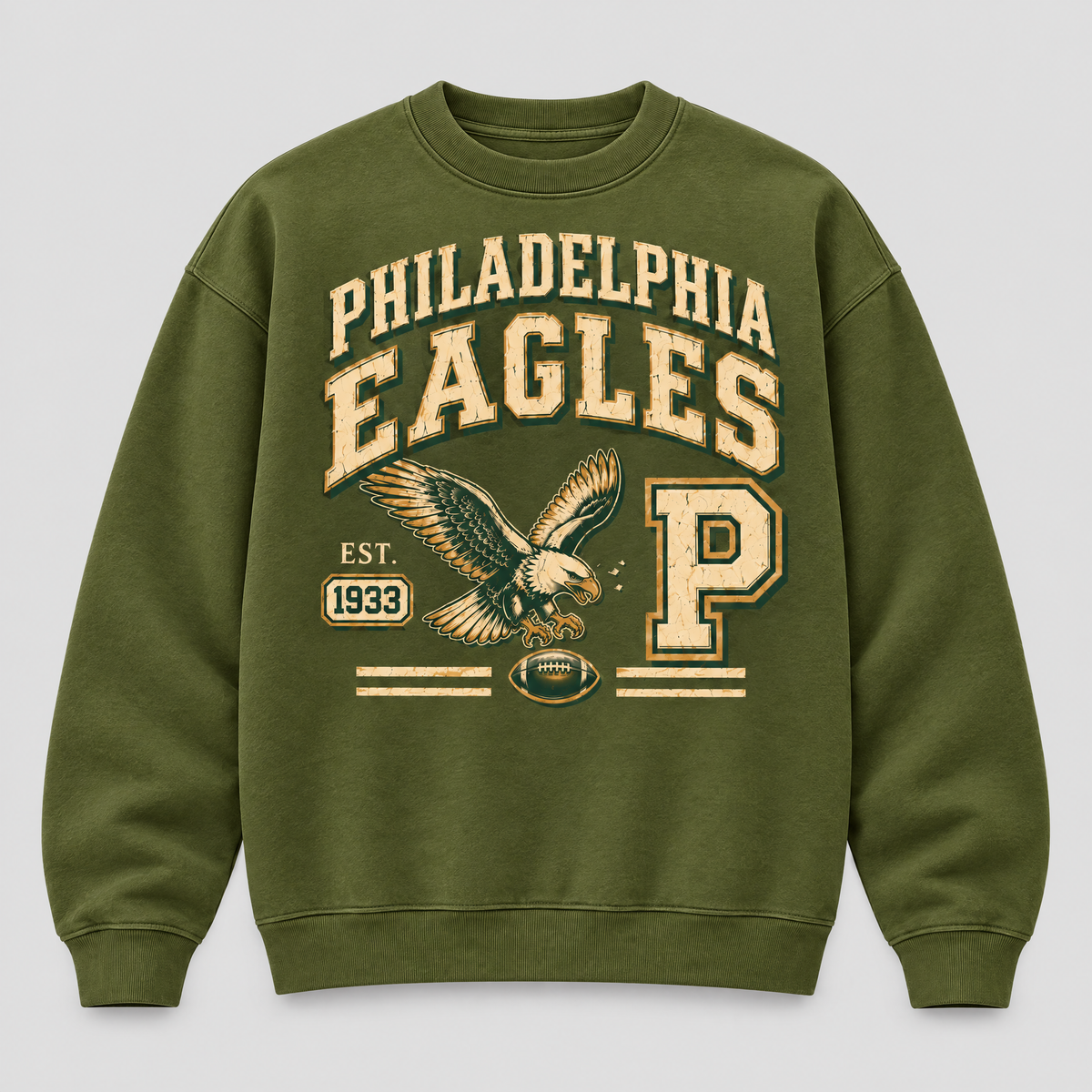 PHILADELPHIA LEGACY CREST Crewneck — Olive fleece — front