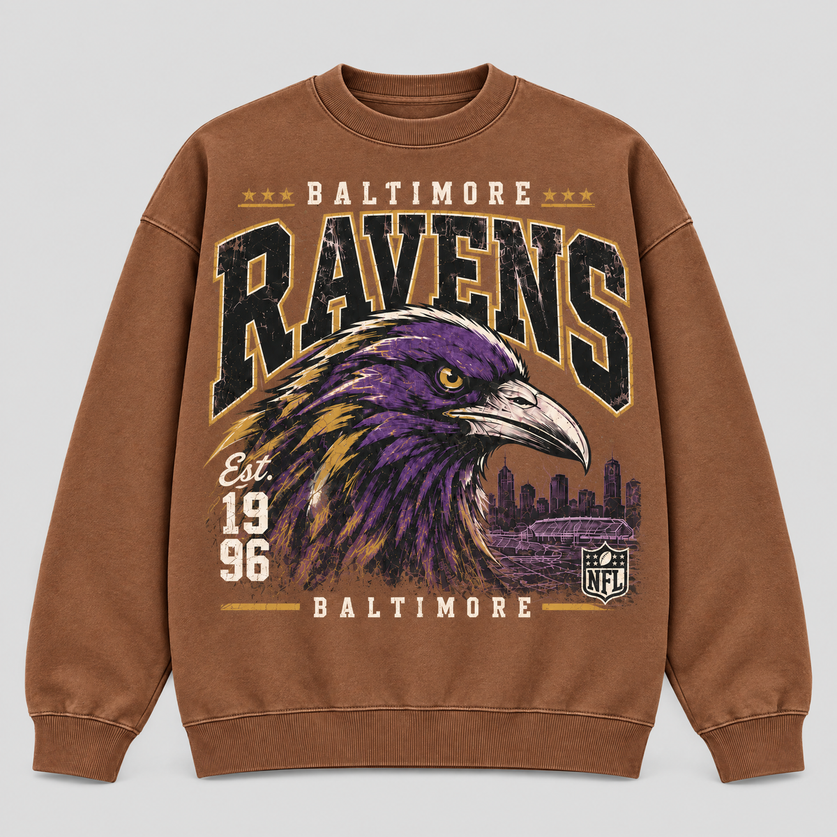 RAVENS 1996 VINTAGE WASH Crewneck — Chocolate fleece — front
