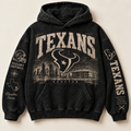 Texans Archive Crest washed black hoodie front with distressed cream Houston graphics