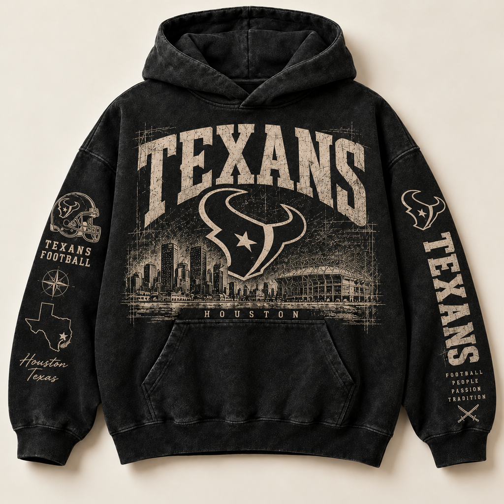 Texans Archive Crest washed black hoodie front with distressed cream Houston graphics