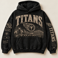 Titans Archive Crest washed black hoodie front with distressed cream Tennessee graphics