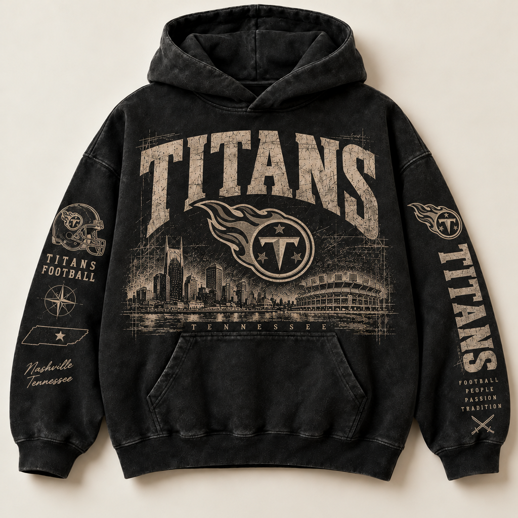 Titans Archive Crest washed black hoodie front with distressed cream Tennessee graphics