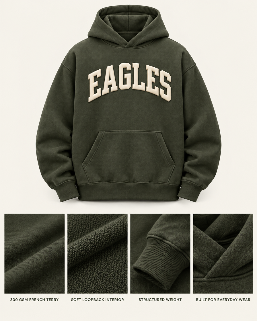 Eagles Varsity Arch Heritage Hoodie 300 GSM French terry fabric and construction details