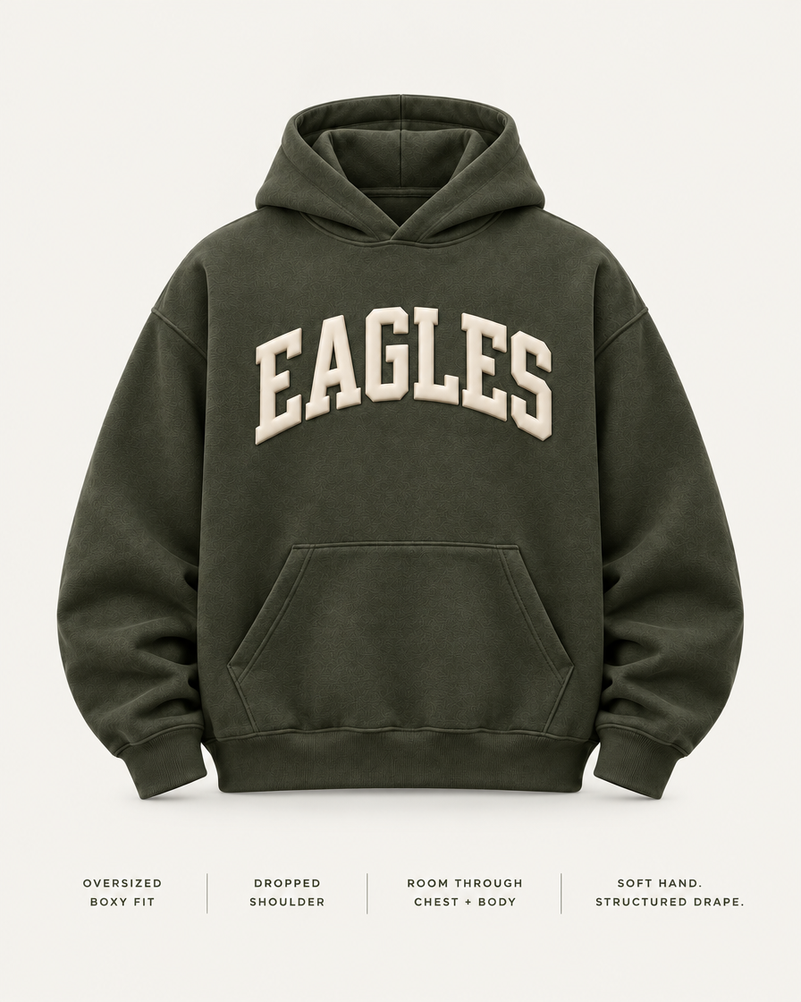 Eagles Varsity Arch Heritage Hoodie oversized boxy fit and feel details
