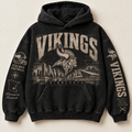 Vikings Archive Crest washed black hoodie front with distressed cream Minnesota graphics