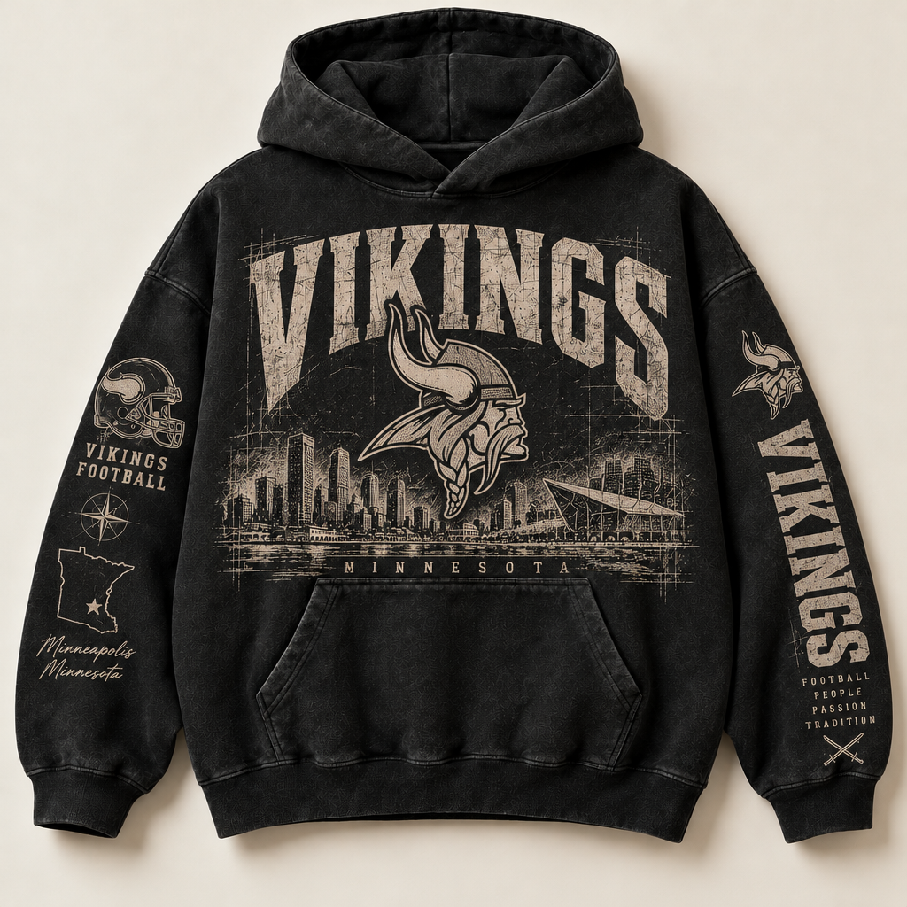 Vikings Archive Crest washed black hoodie front with distressed cream Minnesota graphics