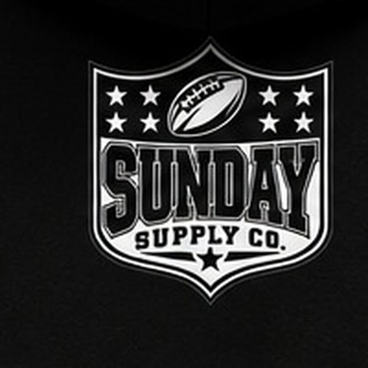 BILLS BLACKOUT HOODIE back Sunday Supply logo close-up