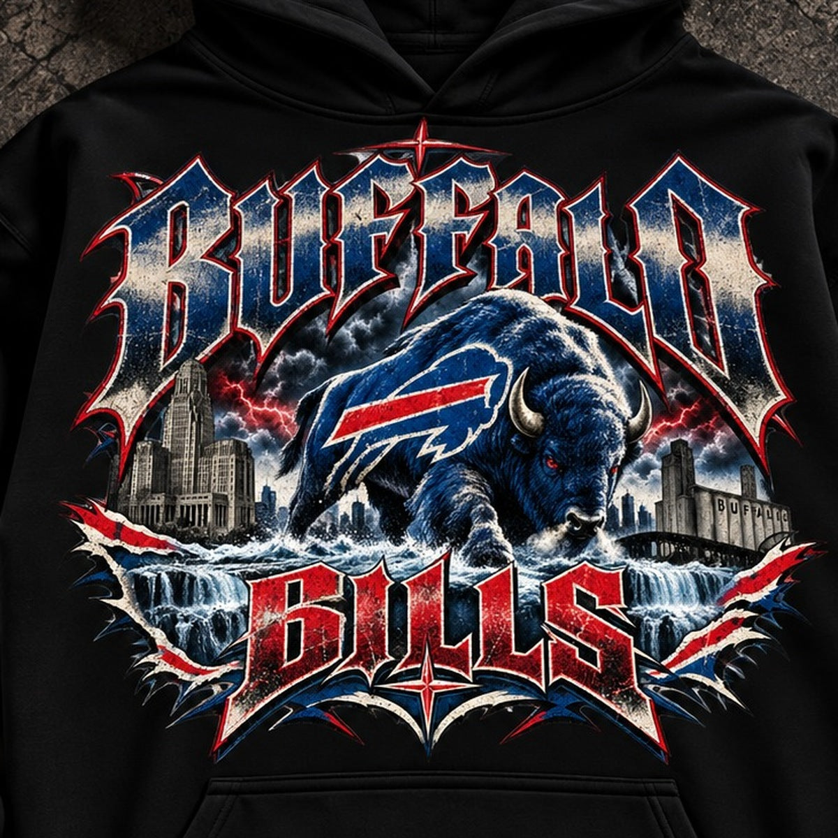BUFFALO RUSH HOODIE front graphic close-up